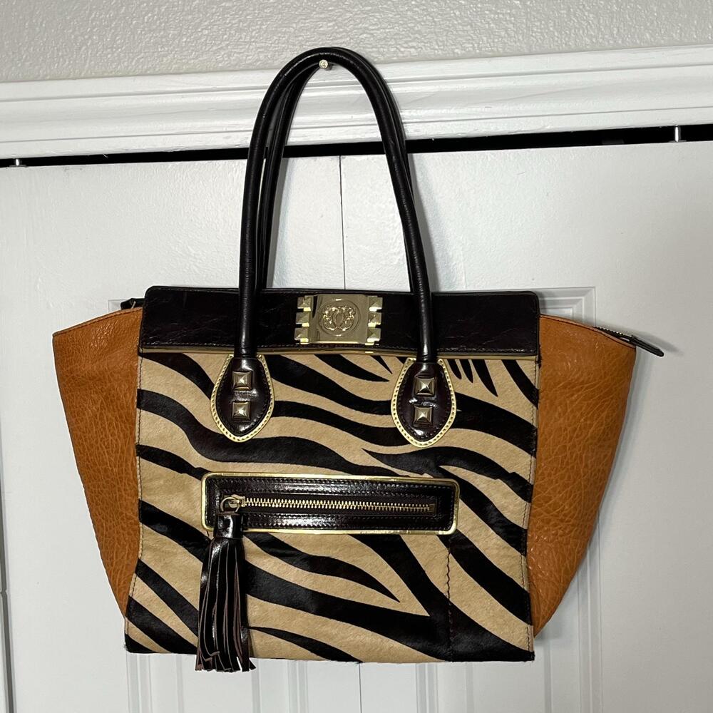 SHARIF Couture Satchel Bag Vintage Y2K Juicy Zebra Pony Hair Leather Tassel Gold